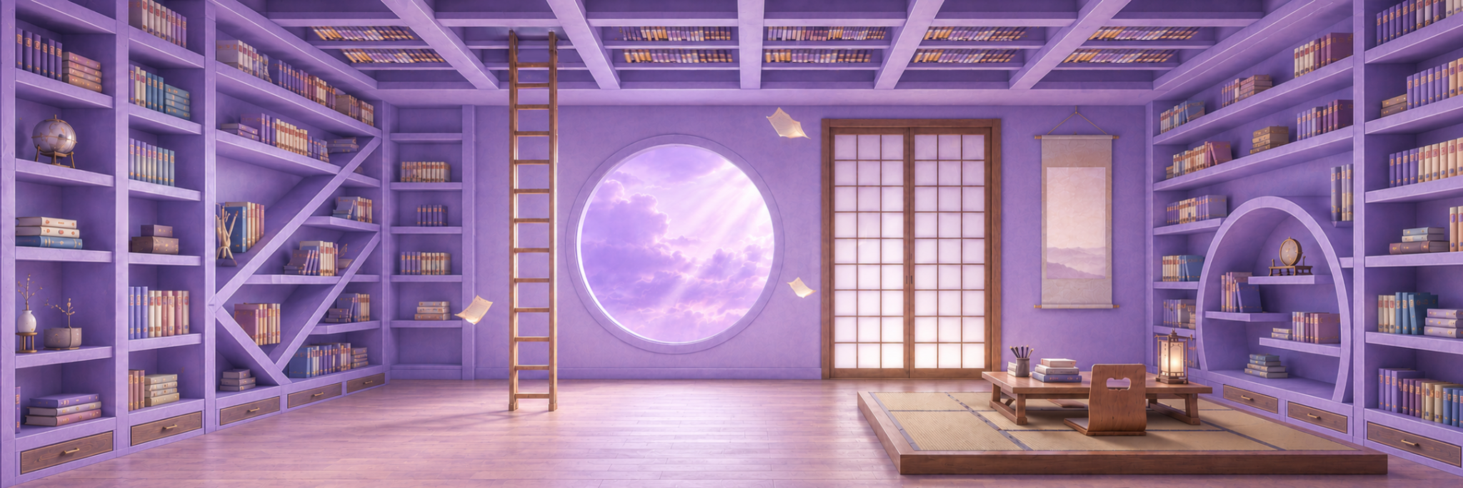 紫色の無重力図書館に、畳、障子、文机、異なる向きの書棚と梯子がある観測室