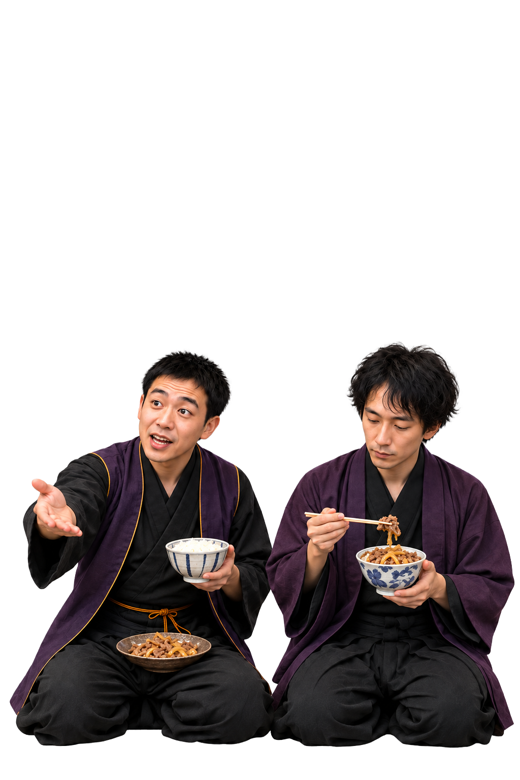 ご飯とおかずを別々に頼む国原ボム也と、隣で普通に丼を食べる芥川理由之介
